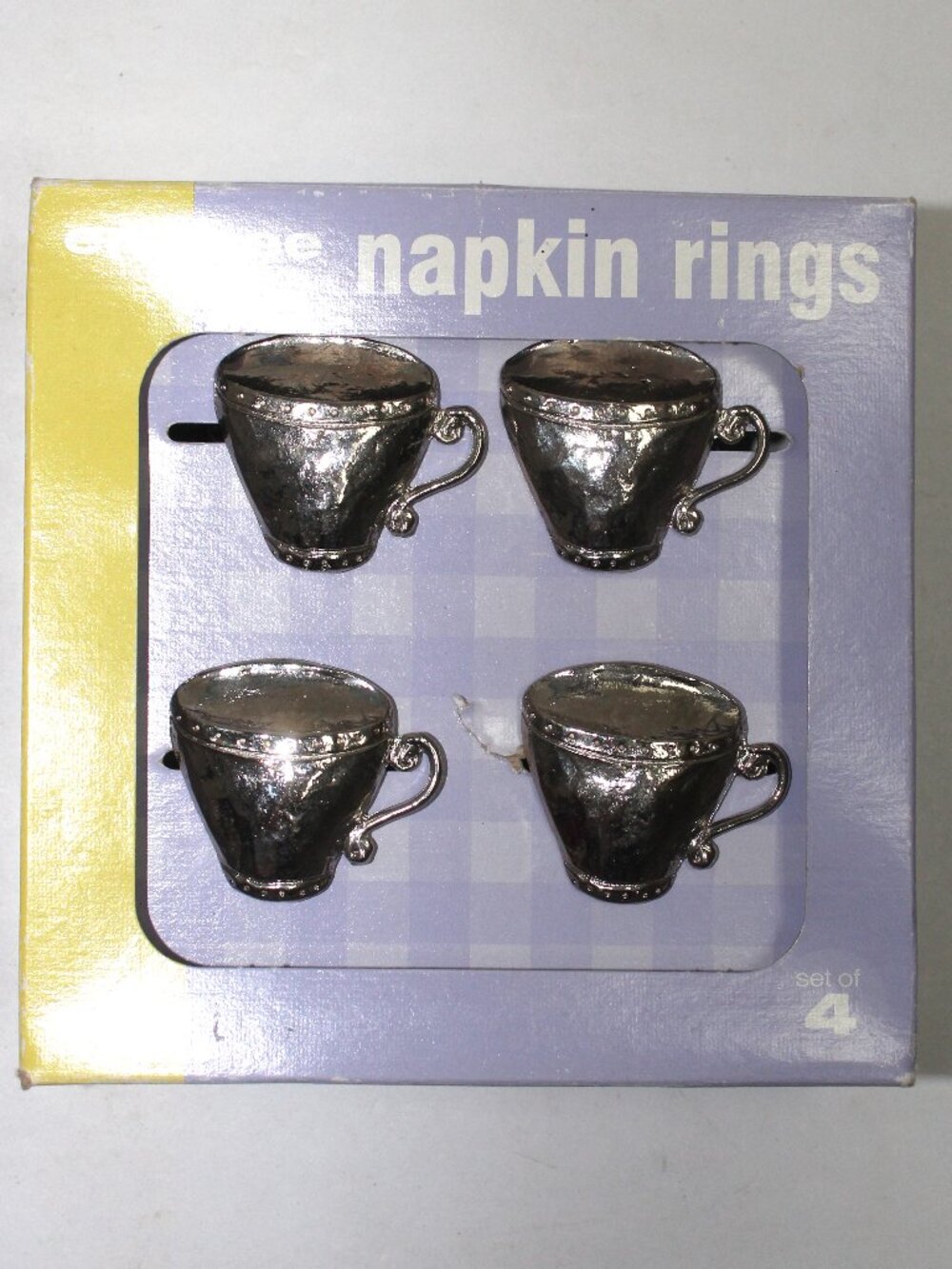 Set of 4 Emenee Silver Tone Coffee or Tea Cup Shaped Napkin Rings